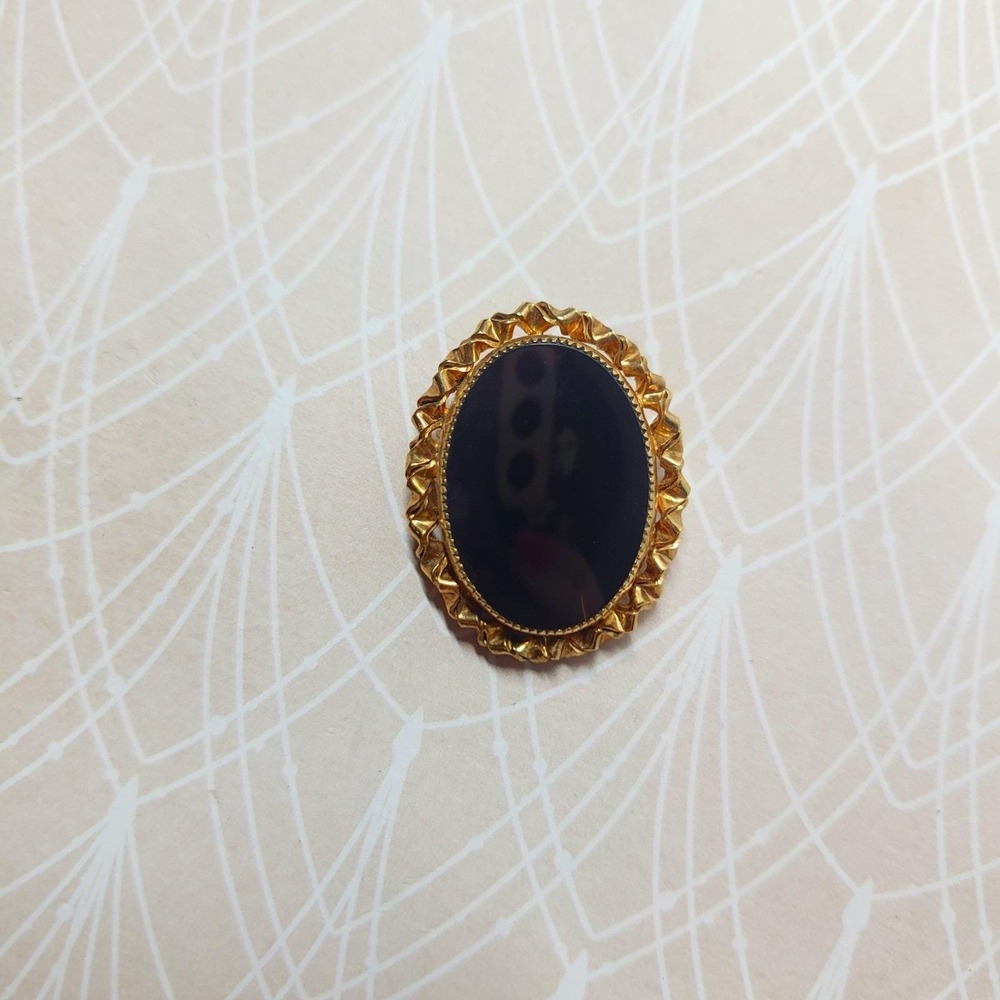 Vintage 12k Gold Filled Black Onyx Filigree CATAMORE Brooch Pendant Signed